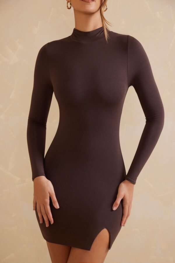 High Neck Long Sleeve Mini Dress in Chocolate - Image 4