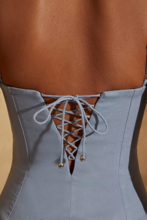 Gathered Bust Linen Mini Dress in Light Blue - Image 7
