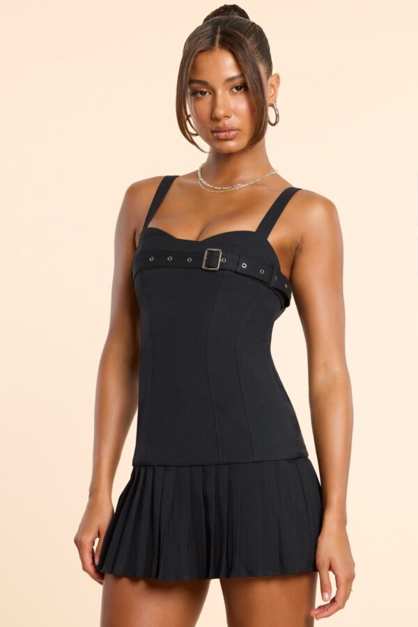 Brushed Twill Drop Waist Kilt Mini Dress in Black - Image 5