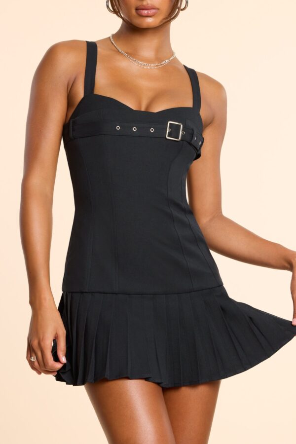 Brushed Twill Drop Waist Kilt Mini Dress in Black - Image 6