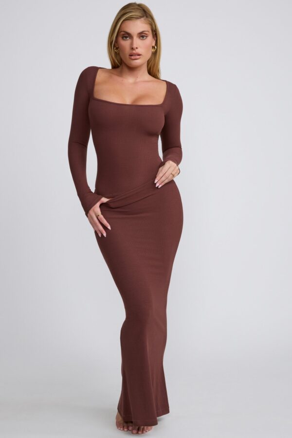 Ribbed Modal Square Neck Long Sleeve Top in Chocolate - Image 9