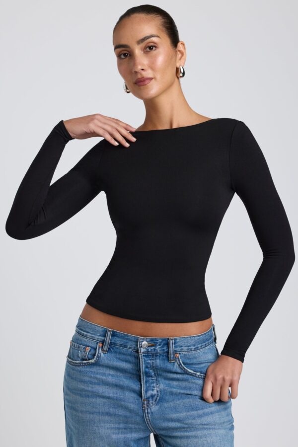 Modal High Neck Long Sleeve Open Back Top in Black - Image 2
