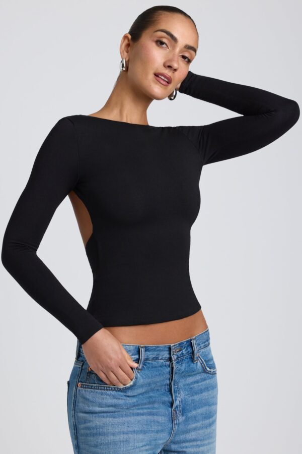 Modal High Neck Long Sleeve Open Back Top in Black - Image 6
