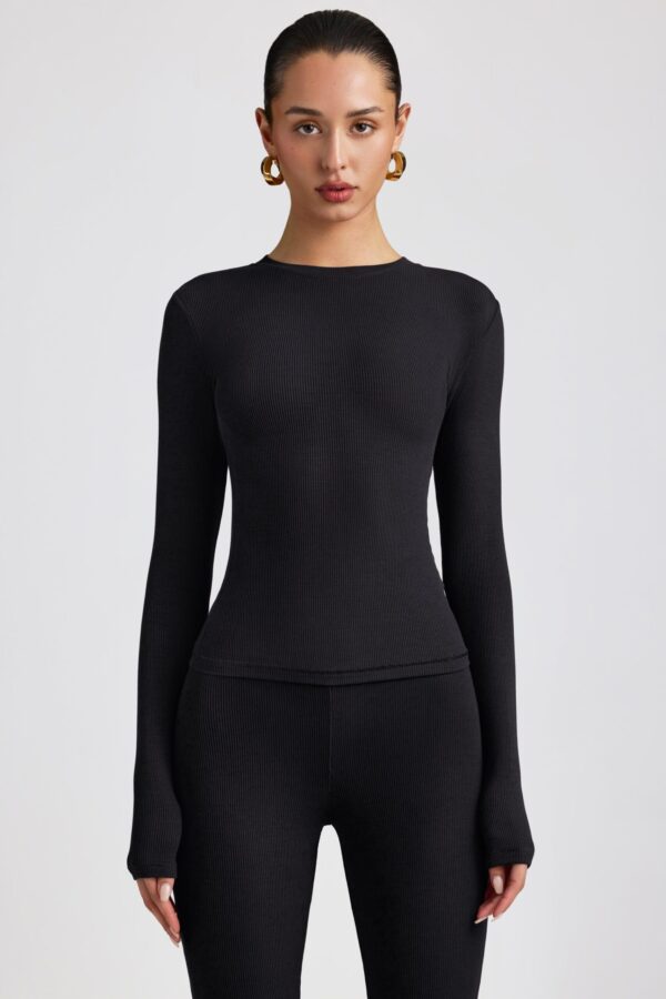 Ribbed Modal Crew Neck Top in Black - Image 6