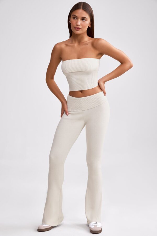 Fold Over Kick Flare Chunky Knit Trousers in Cream - Image 5