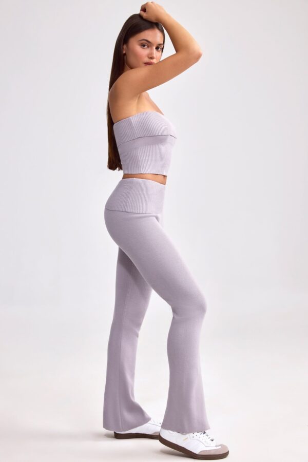 Fold Over Kick Flare Chunky Knit Trousers in Dusty Lavender - Image 3