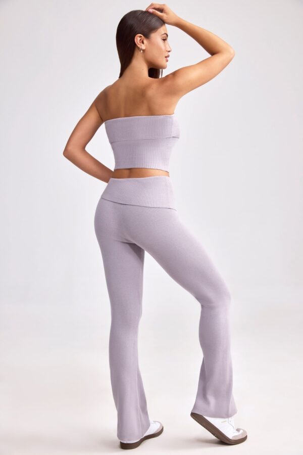 Fold Over Kick Flare Chunky Knit Trousers in Dusty Lavender - Image 2
