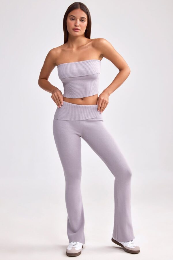 Fold Over Kick Flare Chunky Knit Trousers in Dusty Lavender - Image 5