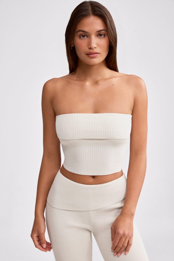 Bandeau Chunky Knit Crop Top in Cream - Image 9