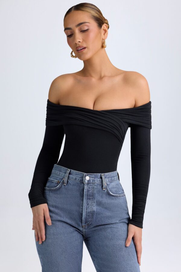 Modal Off-Shoulder Ruched Bodysuit in Black - Image 5