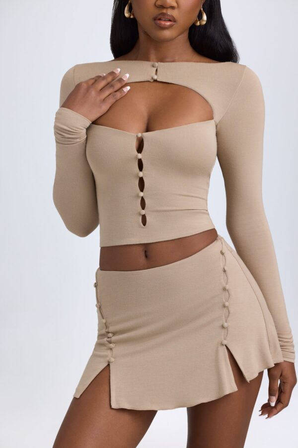 Modal Cut-Out Button-Detail Top in Taupe - Image 5