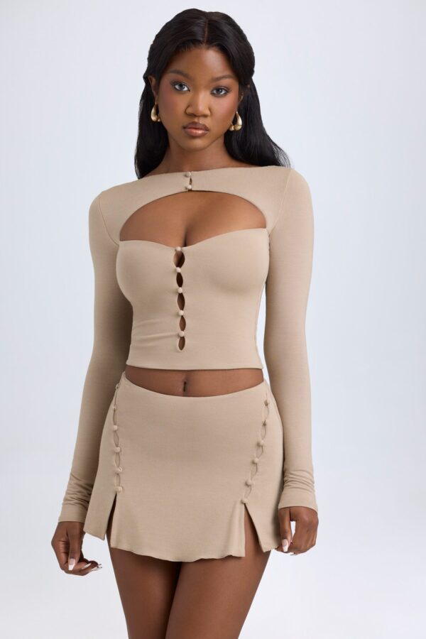 Modal Cut-Out Button-Detail Top in Taupe - Image 6