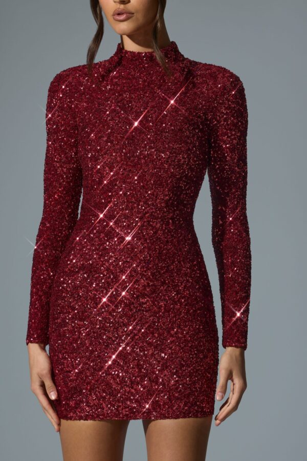 Embellished Open-Back Mini Dress in Red - Image 4