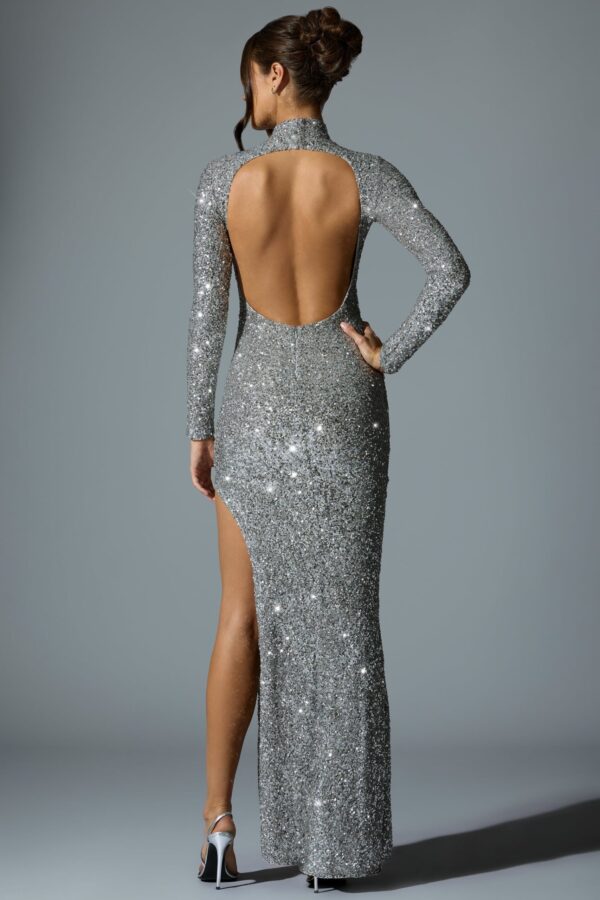 Embellished Open-Back Gown in Silver - Image 2