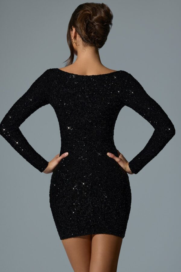 Embellished Sweetheart-Neck Mini Dress in Black - Image 2